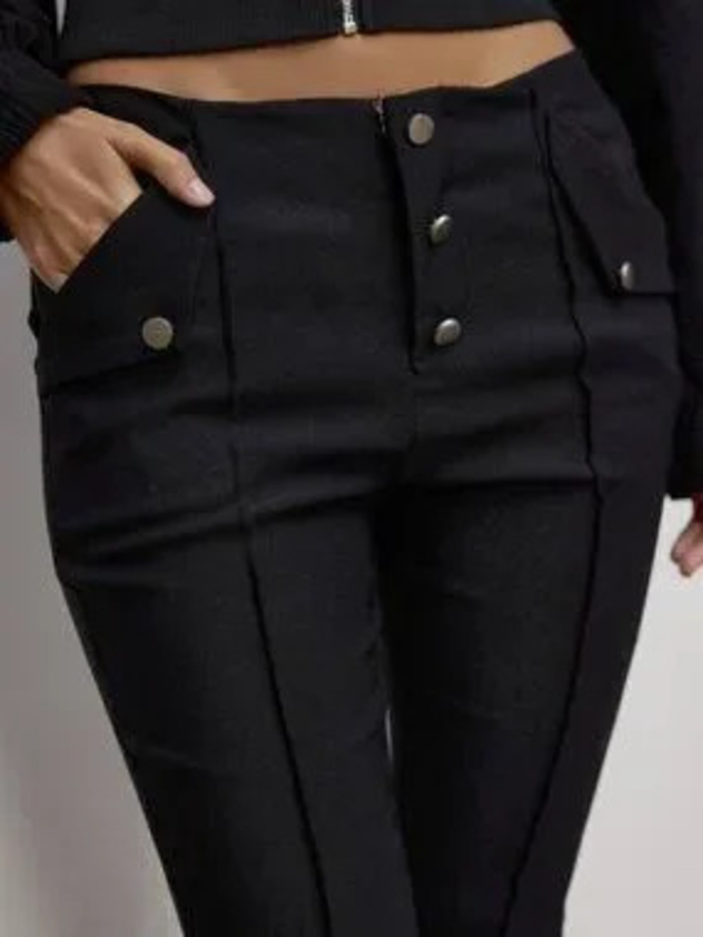 Black Casual Women's Zipper Fly Ultra Low Waist Skinny Capri Pants Cargo